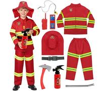 Crittygo Kids Fireman Costume, Firefighter Role Play Dress Up Set with Accessories, Firefighter Outfits for Boys and Girls, Halloween Cosplay Fireman Fancy Dress