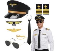 Crittygo Pilot Captain Hat Costume Accessories, 7 Pcs Airline Pilot Fancy Dress Kit with Aviator Hat Badge Tie Glasses, Halloween Captain Cosplay Outfit for Adults