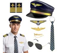 Crittygo Pilot Captain Hat Costume Accessories, 7 Pcs Airline Pilot Fancy Dress Kit with Aviator Hat Badge Tie Glasses, Halloween Captain Cosplay Outfit for Adults
