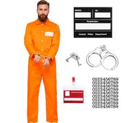 Crittygo Prisoner Costume Mens, Orange Prisoner Costume Set with Prison Jumpsuit Nameplates Prop, Mens Halloween Convict Jail Prison Fancy Dress