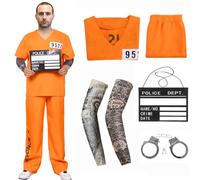 Crittygo Prisoners Costume Mens, Prisoner Halloween Costume Set with Orange Top Trousers Prop Handcuffs Nameplates, Men Jail Convict Outfits for Halloween