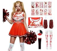 Crittygo Zombie Cheerleader Halloween Costume for Kids Adults, Dead Cheerleader Outfit with Uniform Pompoms Socks Fake Blood Tattoo, Zombie Fancy Dress Outfit for Girls Women Halloween Costume