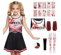 Crittygo Zombie Cheerleader Halloween Costume for Kids Adults, Dead Cheerleader Outfit with Uniform Pompoms Socks Fake Blood Tattoo, Zombie Fancy Dress Outfit for Girls Women Halloween Costume