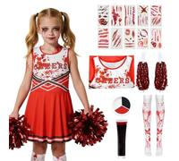 Crittygo Zombie Cheerleader Halloween Costume for Kids Adults, Dead Cheerleader Outfit with Uniform Pompoms Socks Fake Blood Tattoo, Zombie Fancy Dress Outfit for Girls Women Halloween Costume