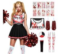 Crittygo Zombie Cheerleader Halloween Costume for Kids Adults, Dead Cheerleader Outfit with Uniform Pompoms Socks Fake Blood Tattoo, Zombie Fancy Dress Outfit for Girls Women Halloween Costume