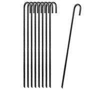 CRIZTA 24” Set of 8 Ground Rebar Stakes Heavy Duty J Hook Ground Anchors, Curved Steel Plant Support Garden Stake with Chisel Point end, Hammer Through Hard Soil for Camping Tent - Black Powder Coated
