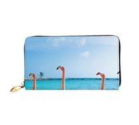 CRJSYCBYB Flamingo on Beach Printed Leather Wallet Genuine Leather Clutch Purse Portable Travelling Bag