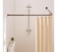 Crkmire L Shaped Shower Curtain Rail, [61-134 cm] x [61-134 cm] Adjustable Corner Shower Pole No-Sagging 90 Degree Curved Curtain Rod for Bathroom Bathtub with 12 Ring Hooks & Ceiling Support