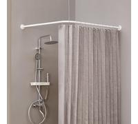 Crkmire L Shaped Shower Curtain Rail, [61-94 cm] x [61-94 cm] Adjustable Corner Shower Pole No-Sagging 90 Degree Curved Curtain Rod for Bathroom Bathtub with 12 Ring Hooks & Ceiling Support