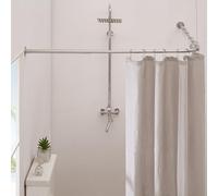 Crkmire L Shaped Shower Curtain Rail, [61-94 cm] x [61-94 cm] Adjustable Corner Shower Pole No-Sagging 90 Degree Curved Curtain Rod for Bathroom Bathtub with 12 Ring Hooks & Ceiling Support
