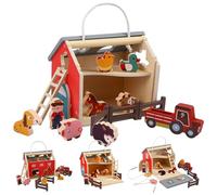 Crlvlyn Farm Animal Toys Set, 10 PCS Wooden Farm Barn House Toy Set with Portable Large Wooden Barn, Stable and Animals, Farm Animal Figurines for boy girl Animal Lovers