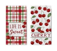 Croar Cherry Kitchen Dish Towels Set of 2, Life is Sweet Fruit Red Green Plaid Drying Hand Towel Baking Cooking Cloth, Spring Summer Farmhouse Bathroom Home Decoration 18 x 26 Inches
