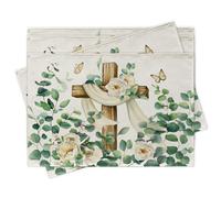 Croar Easter Religious Cross Flower Placemats Set of 4, Spring Summer Eucalyptus Leaves Camellia Floral Dining Place Mats Table Decor, Faith Christian Seasonal Home Kitchen Decoration 12 x 18 Inch