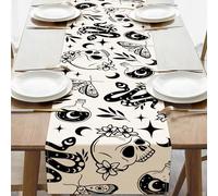 Croar Gothic Skull Snake Moth Dining Table Runner, Black White Mystical Divination Potion Celestial Moon Phase Burlap Kitchen Decoration, Halloween Indoor Outdoor Home Decor Party Supply 13''x72''