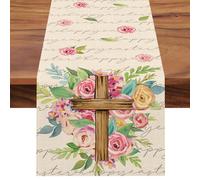 Croar Happy Easter Christian Table Runner, Religious Faith Cross Rose Flower Floral Kitchen Dining Table Decoration, Spring Vintage Burlap Indoor Outdoor Home Decor Party Supply 13 x 90 Inches