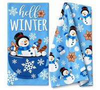 Croar Hello Winter Snowman Kitchen Towels Set of 2 | Christmas Snowflake Gingerbread Dish Towels 18x26in, Seasonal Holiday Hand for Kitchen Decor, Blue Decorative Tea for Winter