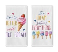 Croar Life is Better with Ice Cream Kitchen Dish Towels Set of 2, Ice Cream Solves Everything Drying Hand Towel Baking Cooking Cloth, Summer Sweet Dessert Popsicle Bathroom Home Decoration 18''x26''