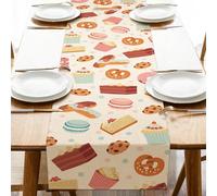 Croar Sweet Dessert Treats Dining Table Runner, Baked Goods Cupcake Donut Cookie Macaron Pastry Burlap Kitchen Decoration, Colorful Polka Dots Indoor Outdoor Home Decor Party Supply 13 x 72 Inches