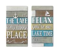 Croar The Lake is My Happy Place Kitchen Dish Towels Set of 2, Relax You're on Lake Time Lakehouse Drying Hand Towel Baking Cooking Cloth, Nautical Farmhouse Anchor Bathroom Home Decoration 18''x26''