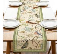 Croar Vintage Flower Birds Dining Table Runner, Green Elegant Floral Bluebird Robin Burlap Kitchen Decoration, Spring Summer Farmhouse Retro Indoor Outdoor Home Decor Party Supply 13 x 36 Inches