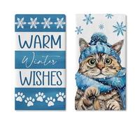 Croar Warm Winter Wishes Tabby Cat Kitchen Dish Towels Set of 2, Blue Drying Hand Towel Baking Cooking Cloth Pet Owner Lover Gift, Christmas Paw Print Snowflake Bathroom Home Decoration 18'' x 26''