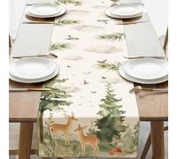 Croar Watercolor Forest Animals Dining Table Runner, Woodland Pine Tree Deer Birds Cloud Burlap Kitchen Decoration, Farmhouse Nursery Daycare Indoor Outdoor Home Decor Party Supply 13''x72''