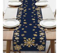 Croar Winter Gold Snowflake Dining Table Runner, Dark Blue Christmas Snow Burlap Kitchen Decoration, Seasonal Indoor Outdoor Home Decor Party Supply 13 x 72 Inches