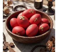 CroBlissful 12 Pcs Traditional Greek Orthodox Easter Red Ceramic Eggs Religious Cross Painted Red Eggs Ukrainian Basket Gift for Holy Saturday Egg Hunt Crafts Bowl Basket Fillers Home Party Decor