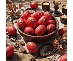 CroBlissful 12 Pcs Traditional Greek Orthodox Easter Red Ceramic Eggs Religious Cross Painted Red Eggs Ukrainian Basket Gift for Holy Saturday Egg Hunt Crafts Bowl Basket Fillers Home Party Decor