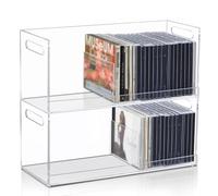 CroBlissful 2 Pcs Acrylic Cd Storage Box, Clear Acrylic Stackable Cd Holder Racks with Cutout Carrying Handles, Organizer Shelf for Media, Movie Cases, Dvds Organizer