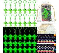 CroBlissful 20 Sets Glow in The Dark Mini Alien Figures Keychains with Funny Cards and Organza Bags Small Aliens Figurines for Halloween Party Favors Gifts Space Party Goodie Bag Fillers Stuffers