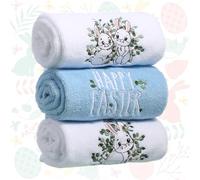 CroBlissful 3 Pcs Easter Hand Towels 100% Cotton Embroidered Tea Towels 14 x 30 Inches Happy Easter Bunny Bathroom Decor Kitchen Decorative Set for Spring Decorations Party Gift