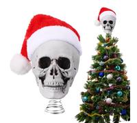 CroBlissful 5 Inch Halloween Tree Topper Velvet Santa Hat Skull Decorations Miniature Plastic Skulls Spooky Holiday Skeleton Ornament for Halloween Party Decor