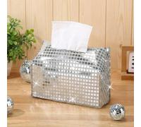 CroBlissful Disco Ball Tissue Box Cover Glitter Silver Square Rectangular Bling Paper Holder Sparkle Tissue Box for Bathroom Vanity Countertop Tabletop Car Office (Extra Large,Disco Fabric,1)