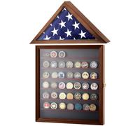 CroBlissful Flag Display Case Burial Flag Fit Folded 3'x5' Military Challenge Coin Display Case Poker Chips Holder Wall Mount Removable 2 Groove Shelves, Wood American Veterans Memorial Gifts (Brown)