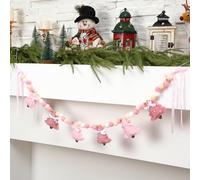 CroBlissful Pink Bow Christmas Felt Garland 3D Coquette Xmas Tree Pom Ball Banner Holiday Decorative Hanging Bunting Garland for Home Mantel Fireplace Window Wall Decor