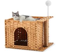 CroBlissful Rattan Cat Litter Box Enclosure Furniture Cat Bed Cave for Indoor Kitten Handwoven Hidden Pet Cube House with Fluffy Ball, Sisal Post for Living Room Bedroom, 18.5 x 13.78 x 12.6 Inches