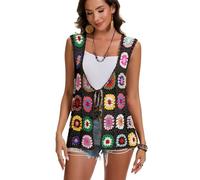 Crochet African Flower Granny Square Crochet Vest, Color Block Sweater, Knitted Multicolor Open Front Cardigan, Black, One Size