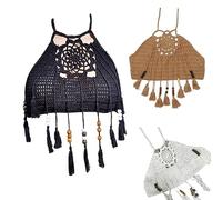 Crochet Backless Hollow Out Vest Solid Color Vest Strap Fashionable Crop Tops Short Black