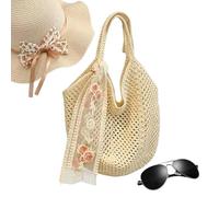 Crochet Beach Bag Boho Hollow Mesh Lace Ribbon