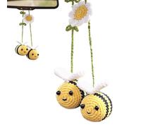 Crochet Bee Car Ornament Bee Flower Knitted Pendant Crochet Car Hanging Decoration with Bee Sunflower Car Accessories Holder Automotive Interior Decorations