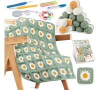 Crochet Blanket Kit for Beginners Adults - Complete Starter Crochet Set with Yarn, Hooks, Step-by-Step Instruction Book & Accessories, Learn to Crochet Daisy Granny Square