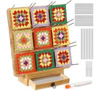 Crochet Blocking Board and Pins Large, Wooden Granny Square Blocking Board 11.4 inch with Drawers and 29 Pins, for Crochet and Knitting Projects, 29×29cm