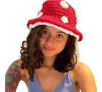 Crochet Bucket Hat for Womens Knitted Hat Trendy Fisherman Hat Foldable Handmade Bucket Cap for Travel Daily Wear, Mushroom & Red, One Size