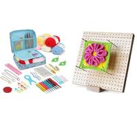 Crochet Bundle- Crochet Wooden Blocking Board with 20 Steel pins + Crochet Starter kit for Beginners. Blue Cherry Bag with Knitting Accessories