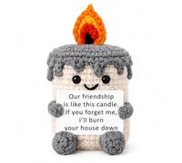Crochet Candle Decoration with Friendship Card Cream Grey Orange 10cm | Handmade Crochet Candle Figure with a Joke Card, Funny Gifts for Women and Crochet Gifts, Cute Christmas Stocking Fillers