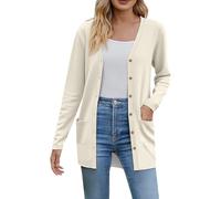 Crochet Cardigan, Lightweight Cardigans for Women UK Ladies Long Sleeve Light Open Front Button Down Jacket Casual Elegent V Neck Plus Size Longline Outwear with Pockets Beige