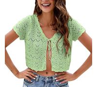 Crochet Cardigans for Women Summer Beach Short Sleeve Shrug Cropped Boho Lightweight Sweater Cover Ups Tie Front Tops(Green, L)
