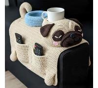 Crochet Cat Sofa Arm Organizer, Cozy Companion Vibes - Handmade Crochet Dog Sofa Organizer 2 Pockets And 1 Mug Holder, Adorable Pet Armchair Remote Storage For Remote, Phone, Treats, Cup(Pug)