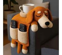 Crochet Cat Sofa Arm Organizer, Crochet Dog Sofa Organizer with 2 Pockets and 1 Mug Holder, Adorable Pet Armchair Remote Storage for Remote, Phone, Treats, Cup (D)